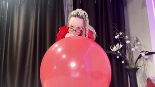 Looner girl in glasses and red PVC dress blow BIG red balloon and pop it with ass. DM to get full