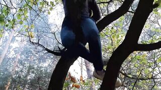 Girl climbed a tree to rub her pussy on it - Lesbian-illusion