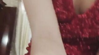 Beautiful homemade striptease in a red dress, masturbation with a toy and orgasm