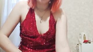 Beautiful homemade striptease in a red dress, masturbation with a toy and orgasm