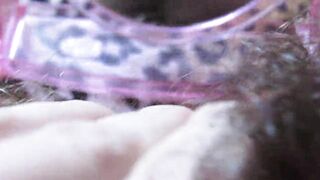 Closeup hairy pussy play with mirror and big clit