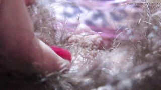 Closeup hairy pussy play with mirror and big clit