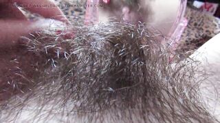 Closeup hairy pussy play with mirror and big clit