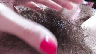 Closeup hairy pussy play with mirror and big clit