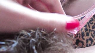 Closeup hairy pussy play with mirror and big clit
