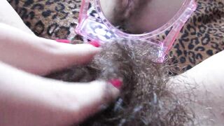 Closeup hairy pussy play with mirror and big clit