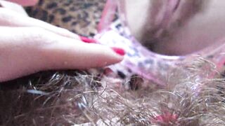 Closeup hairy pussy play with mirror and big clit
