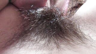 Closeup hairy pussy play with mirror and big clit