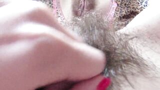 Closeup hairy pussy play with mirror and big clit