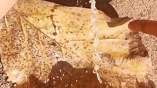 Girl Pissing on a large leaf that has fallen from a tree to the ground in Nature Park