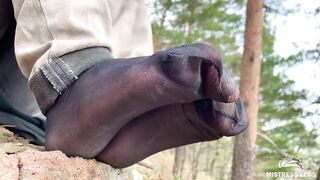 Jeans Feet Teasing At The Forest In Nylon Socks