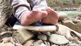 Jeans Feet Teasing At The Forest In Nylon Socks