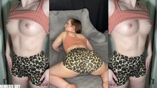 Split screen JOI with dildo BJ in sexy gym outfit leopard yoga shorts and crop top