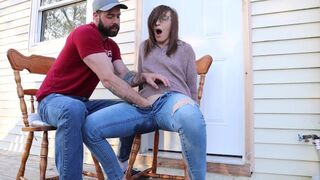 Squirting in my jeans - Neighbours watch me orgasm - BIG SQUIRT