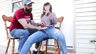 Squirting in my jeans - Neighbours watch me orgasm - BIG SQUIRT