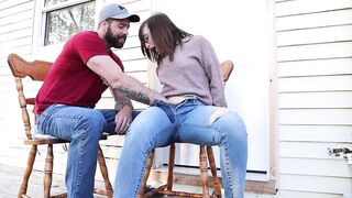 Squirting in my jeans - Neighbours watch me orgasm - BIG SQUIRT