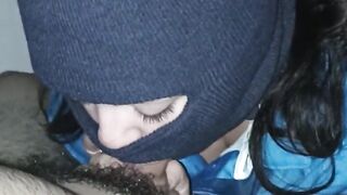 My hooded wife sucking my dick in the sex room