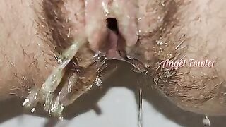 Hairy Pussy Peeing and Dripping Creampie Close up