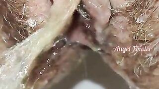 Hairy Pussy Peeing and Dripping Creampie Close up