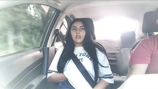 This beautiful babysitter plays with her tits in the uber to tease the driver