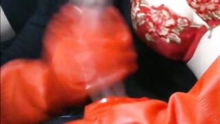 Smoking Wife in Red Rubber Gloves Handjob