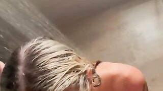 POV teen chick DEEPTHROATS a big dick in the shower on vacation