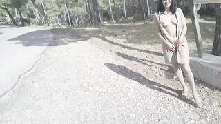 Public MILF gets caught fucking after flashing her pussy and tits with a cock in her mouth