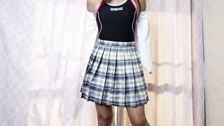 制服の中は仕事水着///ディルドオナニー♡