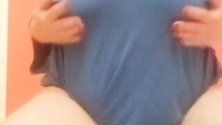 Showing big tits and pussy, out of blouse, without bra ????