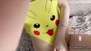 Horny Redhead in PIkachu Outfit teasing her body