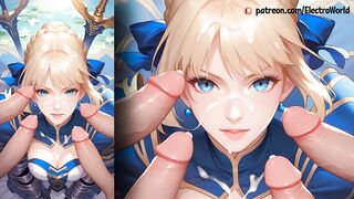 Saber Fate jerks her lover's cock with her legs