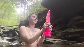 Public Outdoors: Dildo Deep Throat by the Waterfall