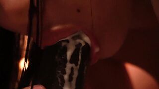 Latin girl suck a dildo until cum all over her mouth.